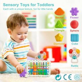 img 3 attached to 🧩 QYA Baby Shape Sorter Toy with Sensory Sorting Bin and Elastic Bands: 12Pcs Sensory Shapes + 2Pcs Handheld Rattles. Montessori Toys for 1-3 Year Olds, Perfect Early Education Gifts for Toddlers