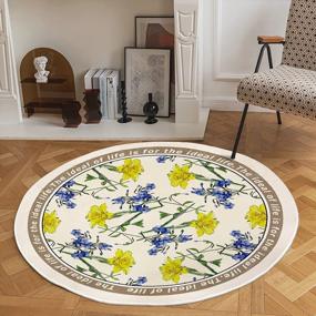 img 4 attached to 4FT ABREEZE Modern Floral Round Area Rug - Washable Faux Wool Flowers Floor Mats, Non-Slip Soft Yellow Carpet For Living Room Bedroom Decor