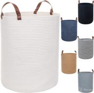 🧺 caroeas xx-large cotton rope basket with leather handles, 20'' x 16'' | 80l woven baby laundry blanket basket for toys and more | collapsible thread laundry hamper (white) logo