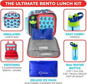 img 3 attached to Kinsho Bento Lunch Box с изолированной сумкой, бутылкой с водой и набором пакетов со льдом для детей ясельного возраста, 4 порционными секциями, съемным подносом, обедами для детей дошкольного возраста, контейнером для закусок, синей акулой