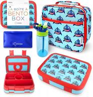 kinsho bento lunch box with insulated bag, water bottle & ice pack set for kids toddlers, 4 portion sections, removable tray, preschool kid toddler daycare lunches, snack container, blue shark logo