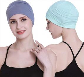 img 4 attached to Легкая шапка для сна для химиотерапии, ночная шапка-бини для мужчин, женщин, больных раком, зеленая, с синей