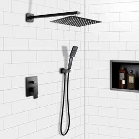 img 3 attached to Black Wall Mounted Rainfall Shower System With Handheld, Brass Rough-In Valve And Trim Kit Included By ROVOGO Bathroom Mixer Faucet Set.