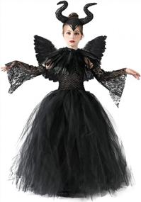 img 4 attached to Girls Maleficent Costume Witch Devil Handmade Knitted Tulle Dress Evil Queen Dress Up Costume For Halloween Cosplay