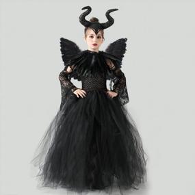 img 3 attached to Girls Maleficent Costume Witch Devil Handmade Knitted Tulle Dress Evil Queen Dress Up Costume For Halloween Cosplay