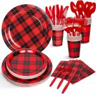 decorlife lumberjack party supplies 16, wild one buffalo plad party supplies, красные и черные клетчатые тарелки на день рождения дровосека, фланелевая вечеринка, 112 шт. логотип