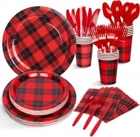 img 4 attached to DECORLIFE Lumberjack Party Supplies Serves 16, Wild One Buffalo Plaid Party Supplies, Red And Black Plaid Plates For Lumberjack Birthday, Flannel Party, 112Pcs