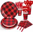decorlife lumberjack party supplies serves 16, wild one buffalo plaid party supplies, red and black plaid plates for lumberjack birthday, flannel party, 112pcs logo