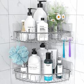 img 4 attached to 2-Pack Stainless Steel Corner Shower Caddy With Hooks - Wall-Mounted Bathroom Shelf Storage Organizer, Adhesive Installation - No Drilling Required By Orimade