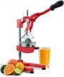 vollum hand press manual citrus juicer -hand juicer citrus squeezer commercial grade home orange juice squeezer for oranges, lemons, limes, grapefruits and more - stainless steel and cast iron -non-skid suction cup base - 15 inch - red logo