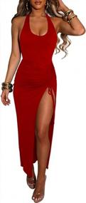 img 4 attached to Women'S Sexy Sleeveless Halter Neck Long Dress With High Split Hem And Ruching - LuFeng
