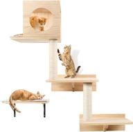 ultimate wall mounted tall cat scratching post: activity tree tower with floating shelf, climbing step, and interior bed area - premium handcrafted wooden furniture for sleeping, playing, lounging, and perching logo