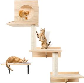 img 4 attached to Ultimate Wall Mounted Tall Cat Scratching Post: Activity Tree Tower with Floating Shelf, Climbing Step, and Interior Bed Area - Premium Handcrafted Wooden Furniture for Sleeping, Playing, Lounging, and Perching