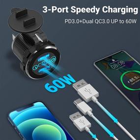 img 3 attached to 🚗 Waterproof 12V USB C Car Charger Socket with Touch Switch - Aluminum Metal 20W PD Type-C and 18W QC3.0 Multi Car USB Ports - Ideal for Car, Boat, Marine, RV, Golf Cart, Motorcycle