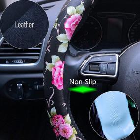 img 1 attached to 🌺 PU Leather Floral Auto Car Steering Wheel Cover for Women Girls Ladies - Binsheo, Anti Slip Non-Toxic, Universal Fit 15 inch, Black with Red Flowers