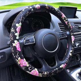 img 2 attached to 🌺 PU Leather Floral Auto Car Steering Wheel Cover for Women Girls Ladies - Binsheo, Anti Slip Non-Toxic, Universal Fit 15 inch, Black with Red Flowers