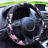 🌺 pu leather floral auto car steering wheel cover for women girls ladies - binsheo, anti slip non-toxic, universal fit 15 inch, black with red flowers логотип