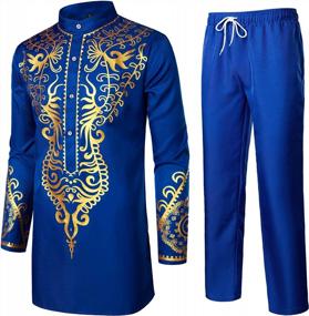 img 3 attached to LucMatton Men'S 2 Piece Long Sleeve Gold Print Traditional Tunic Shirt & Pants Set Ethnic Suit