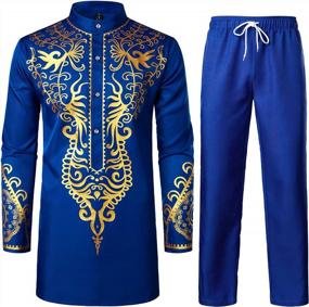 img 4 attached to LucMatton Men'S 2 Piece Long Sleeve Gold Print Traditional Tunic Shirt & Pants Set Ethnic Suit