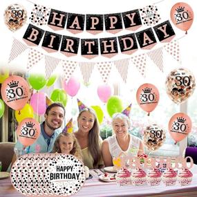 img 1 attached to Rose Gold 30th Birthday Decorations for Her - All-in-One Party Pack with 76 Pieces: Banner, Pennant, Hanging Swirl, Balloons, Foil Backdrops, Cupcake Toppers, Plates, Photo Props, and Birthday Sash - Perfect Women's Gift