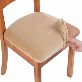 img 4 attached to 6-Pack Beige Velvet Dining Chair Seat Covers - Stretch Fitted, Removable & Washable Slipcovers With Ties By Smiry.