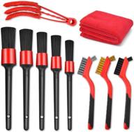 car detailing brush set - 10 pcs including 5 detail brushes, 3 wire brushes, air conditioner brush, and microfiber towel for wheels, dashboard, interior, exterior, leather, air vents, emblems logo