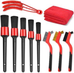 img 4 attached to Car Detailing Brush Set - 10 Pcs Including 5 Detail Brushes, 3 Wire Brushes, Air Conditioner Brush, and Microfiber Towel for Wheels, Dashboard, Interior, Exterior, Leather, Air Vents, Emblems