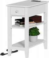 narrow end table with charging station & hidden drawer - 3-tier skinny nightstand with usb ports & power outlets - perfect for small spaces and living rooms in white logo