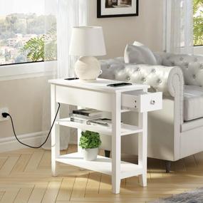 img 1 attached to Narrow End Table With Charging Station & Hidden Drawer - 3-Tier Skinny Nightstand With USB Ports & Power Outlets - Perfect For Small Spaces And Living Rooms In White