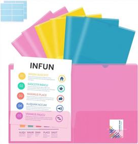img 4 attached to INFUN Plastic Two Pocket Folders With Front And Back Pockets - 6Pack , Assorted Colors Translucent Pocket Folders With 2 Card Slot For Letter Size Paper , Sticky Lables Included