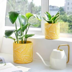 img 2 attached to Cement Yellow Planters With Drain Hole - Set Of 2, Perfect For Indoor And Outdoor Plants With Leaves Embossment
