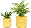 cement yellow planters with drain hole - set of 2, perfect for indoor and outdoor plants with leaves embossment logo