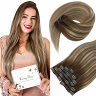 sunny real human hair clip in extensions - balayage brown ombre with golden blonde highlights - 120g 7pcs - double weft for extra volume - 16inch length логотип