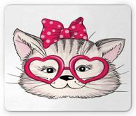 lunarable cute cat mouse pad, trendy teenage kitten with heart shaped glasses and ribbon illustration, non-slip rubber rectangle mousepad for standard size, pearl and pink logo