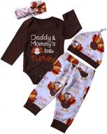 thanksgiving turkey print baby girl outfit: 4-piece set with romper, long leggings, headband, and hat for newborns by calsunbaby logo