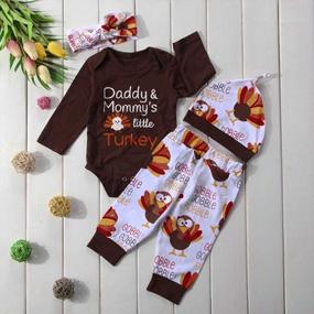 img 3 attached to Thanksgiving Turkey Print Baby Girl Outfit: 4-Piece Set With Romper, Long Leggings, Headband, And Hat For Newborns By Calsunbaby