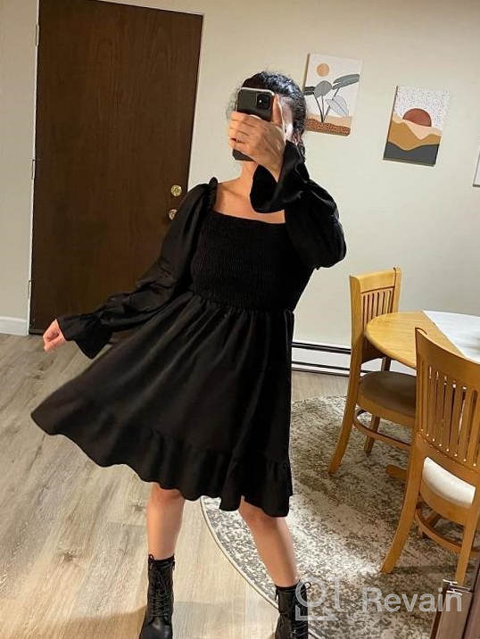 img 1 attached to Women'S Off Shoulder Smocked Ruffle A Line Formal Dress - SouqFone Square Neck Long Flounce Sleeve Shirred Mini Dress High Waist review by Jennifer Neff