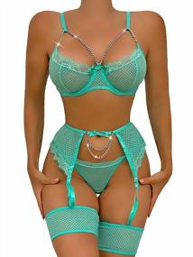 img 4 attached to Women Sexy Exotic Fishnet Lingerie Set Lace Strappy Lingerie Metal Chain Decor Bra And Panty Sets With Garter