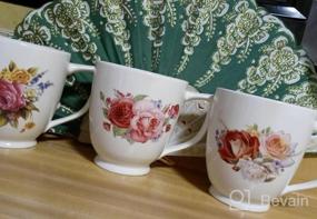 img 5 attached to Набор фарфоровых чайных чашек с цветочным принтом QCH, кофейные кружки с розовым пионом для женщин, чашки для латте (6/16 унций)