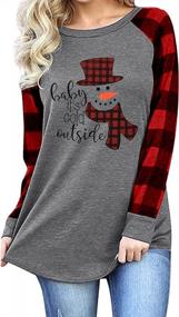 img 4 attached to Women'S Christmas Plaid Splicing Long Raglan T-Shirt: 'Baby It'S Cold Outside' Snowman Design
