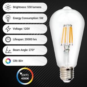 img 2 attached to BlueStars 3-Pack ST64 E26 Vintage LED Edison Bulb 5W, Equivalent To 60W, Cool White 4000K 550Lm, Clear Glass Medium Base, Non-Dimmable For Home, Bedroom, Office - Antique LED Filament Bulb With 120V