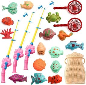 img 4 attached to 🎣 SUNWUKING Fishing Game for Toddler - Interactive Fishing Bath Toy with 3 Fishing Pole Toys for Kids. Pool Angling Game for Children with Imitation Bamboo Basket that Holds Water.