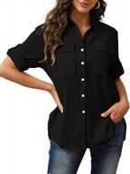 stylish niitawm women's v neck blouses with roll up sleeves, button down front, collar and convenient pockets - available in short and long sleeve options логотип