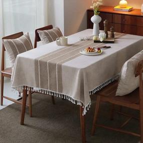 img 4 attached to Washable Cotton Linen Tassel Tablecloth With Anti-Fading Properties - Mokani Middle Embroidery Table Cloth For Kitchen Dining, Thanksgiving, Christmas - Square, Wrinkle-Free, Brown (55 X 55 Inch)
