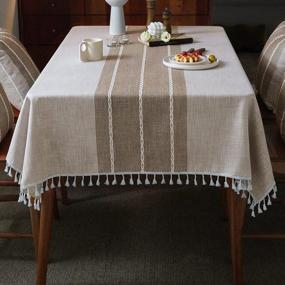 img 3 attached to Washable Cotton Linen Tassel Tablecloth With Anti-Fading Properties - Mokani Middle Embroidery Table Cloth For Kitchen Dining, Thanksgiving, Christmas - Square, Wrinkle-Free, Brown (55 X 55 Inch)