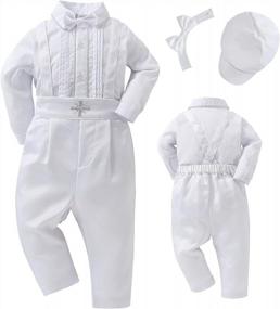 img 4 attached to Booulfi 4-Piece Baptism Outfit For Boys With Pin-Tucked Body Shirt, Hat, Suspenders, And Bowtie - Elegant Christening Blessing Clothes