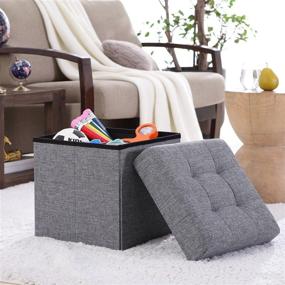 img 3 attached to 🔲 Ornavo Home Foldable Tufted Linen Storage Ottoman Cube - 15" x 15" x 15" - Grey