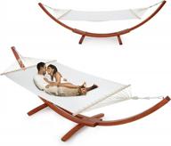 ecotouge 13.3 ft wooden double hammock with stand 2 person heavy duty, easy assemble, weatherproof premium quilted camping hammock for outdoor, patio(white) logo