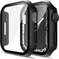 2 pack hard case compatible for apple watch series 8/7 45mm w/ 9h tempered glass screen protector - [touch sensitive] [hd clear] slim bumper [full protection] cover - black logo