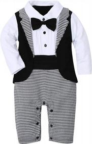 img 4 attached to Infant Boy Tuxedo Suit Outfit 3-Piece Set - Long Sleeve Gentleman Jumpsuit, Vest Coat & Beret Hat For Weddings.